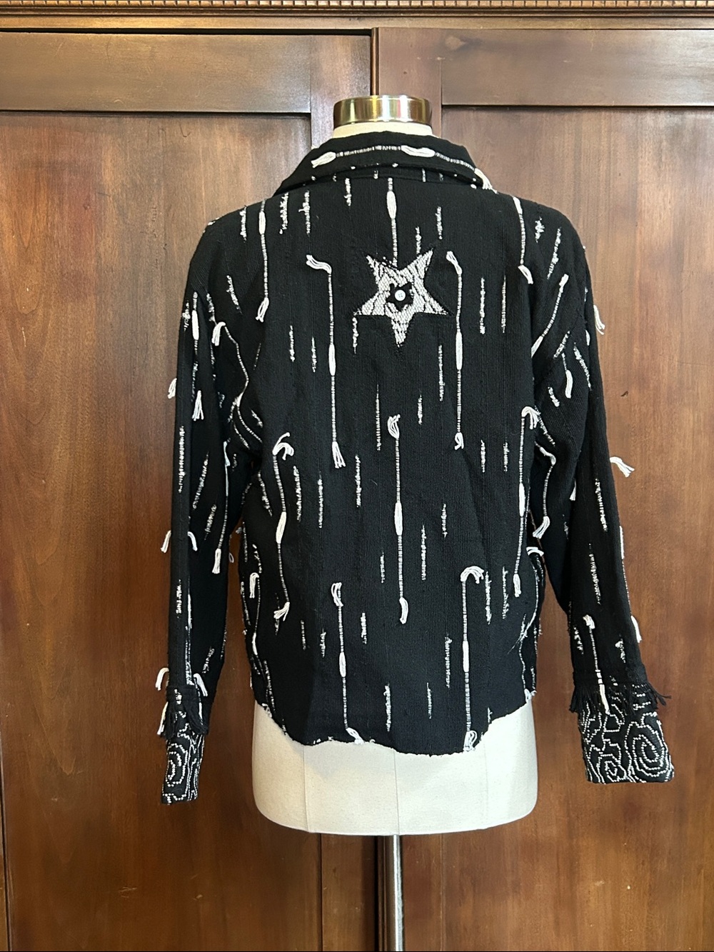 Black & White Textured Fringed Woven Button-Up Shacket S